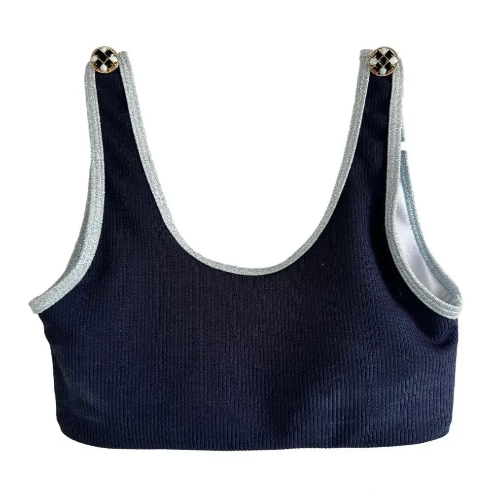 MAIYO Natalie Off Duty Bikini Top Sleeveless Scoop Neck Button Details Blue XS